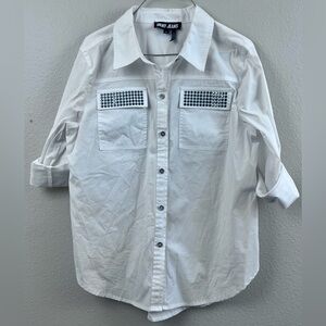 DKNY White Cotton Button Down Women’s Medium Blouse with Studded Pocket Accents